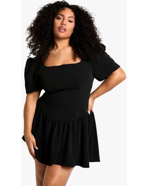 Boohoo Plus Square Neck Drop Hem Skater Skirt Dress - Black
