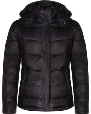 Infinity Leather Puffer Quilted Warm Bomber Hooded Jacket - Black