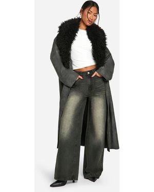 Boohoo Faux Fur Collar Vintage Look Leather Trench Coat - Black