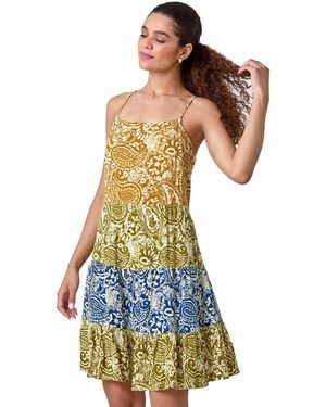 Roman Patchwork Paisley Print Tiered Dress - White