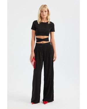 Hiccup Lace Up Back Crop Top & Pleated Wide Leg Trousers Coord - Black
