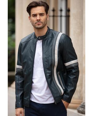 Ashwood Leather Real Casual Jacket With Contrast Stripes - Blue