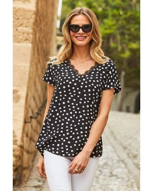 Sosandar Spot Print Lace Trim Top - Black