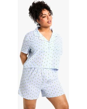 Boohoo Plus Pineapple Stripe Shirt & Short Pyjama Set - Blue