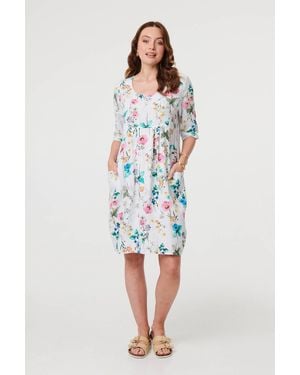 Izabel London Floral 3/4 Sleeve Short Shift Dress - Blue