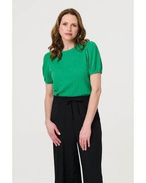 Izabel London Textured Knit Short Puff Sleeve Top - Green