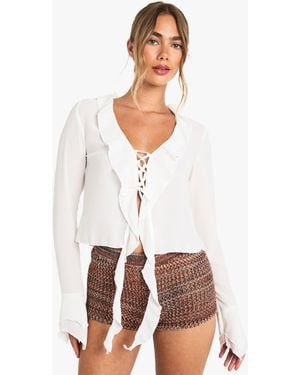 Boohoo Chiffon Tie Front Ruffle Blouse - White