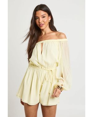 Boohoo Chiffon Bardot Volume Sleeve Playsuit - Natural