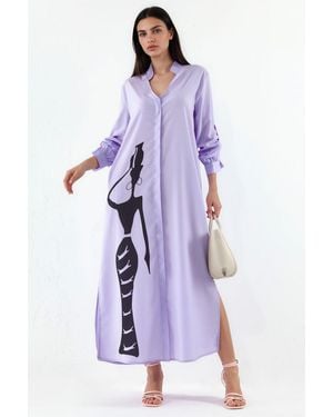Msn-Collection Text Print Maxi Shirt Dress - Purple