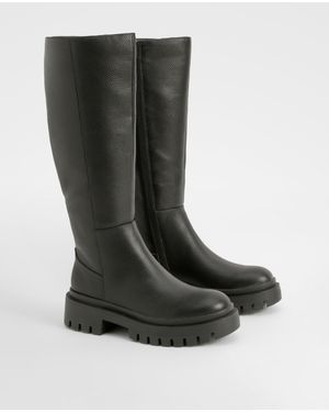 Boohoo Textured Panel Detail Chunky Knee High Boots - Black