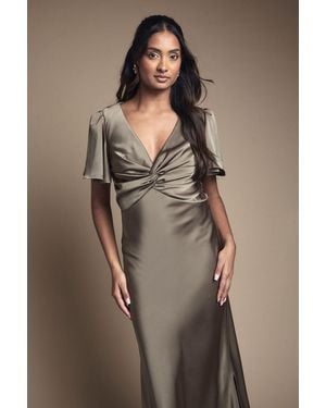 oasis satin twist front angel sleeve midi dress Oasis Women's Bright Pink Satin Twist Front Angel Sleeve Midi Bridesmaid Dress
