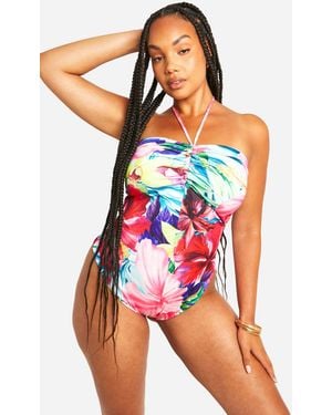 Boohoo Plus Ruched Front Bandeau Swimsuit - Red