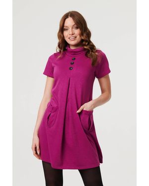 Izabel London Cowl Neck Button Front Short Shift Dress - Pink
