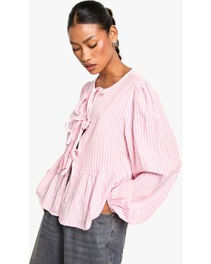 Boohoo Stripe Tie Front Puff Long Sleeve Smock Top Cotton - Pink