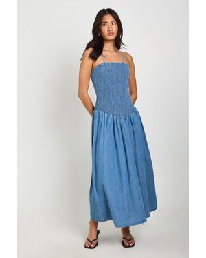 Boohoo Chambray Shirred Midaxi Skater Dress - Blue