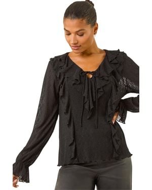 Roman Lace Ruffle Front Top - Black