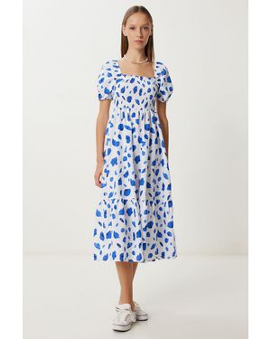 Happiness İstanbul Frilly Abstract Print A-Line Midi Dress With Square Collar - Blue