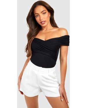 Boohoo Tall Bardot Ruched Detail Bodysuit - White