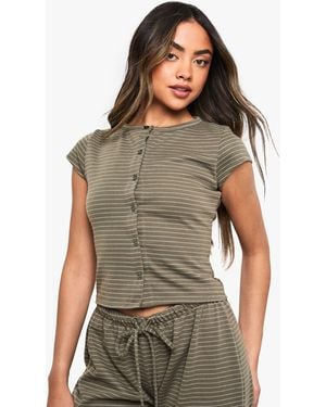 Boohoo Stripe Button Through Cap Sleeve Top - Green
