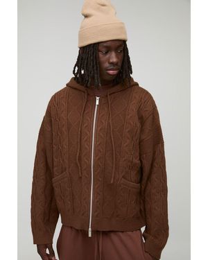 BoohooMAN Oversized Zip Up Cable Knitted Hoodie - Brown