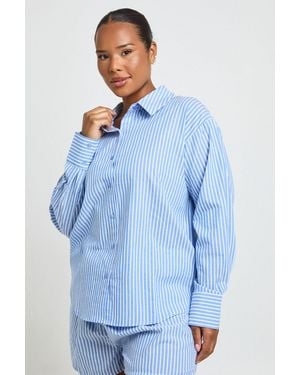 Boohoo Plus Cotton Pinstripe Oversized Pyjama Shirt - Blue
