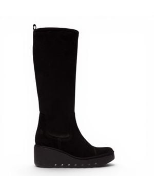 Fly London Suede Leather High Wedge Heel Long Boots - Black