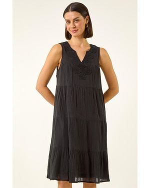 Roman Cotton Trim Detail Smock Dress - Black