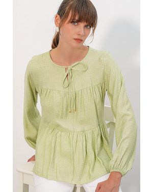 Bigdart Textured Tie-Front Blouse - Green