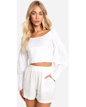 Boohoo Shirred Linen Look Corset With Boning - White