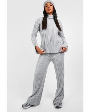 Boohoo Soft Mixed Rib Knit Wide Leg Trousers - Metallic