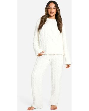 Boohoo Cable Knit Fleece Sweat And Trouser Lounge Set - White