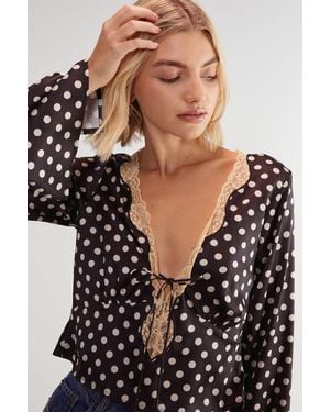 Nasty Gal Satin Cutwork Polka Dot Lace Tie Front Long Sleeve Top - Black