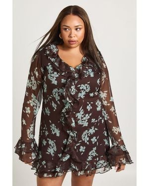 Boohoo Plus Floral Ruffle Smock Dress - Brown