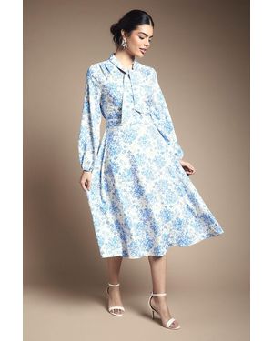 Wallis Floral Button Tie Neck Midi Dress - Blue