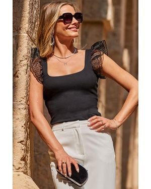 Sosandar Organza Ruffle Sleeve Jersey Top Denim - Brown