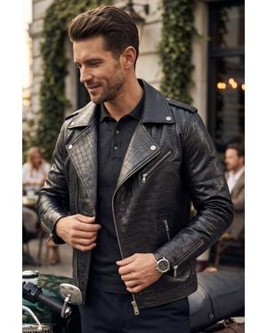 Infinity Leather Cow Alligator Print Embossed Biker Jacket - Black