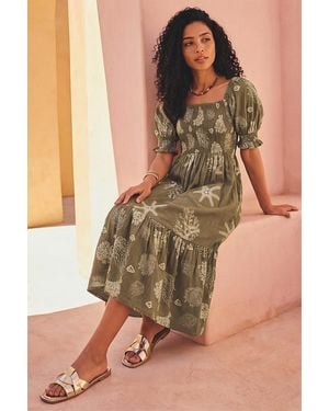 Roman Coral Print Shirred Midi Dress - Green