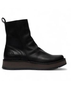 Fly London Reno Leather Zip Up Platform Comfort Ankle Boots - Black