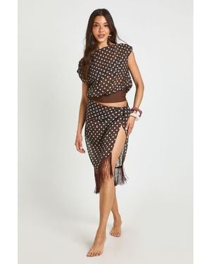 Boohoo Polka Dot Asym Top And Fringe Sarong Co-Ord - Brown