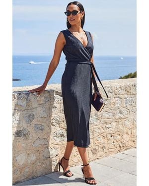 Sosandar Plisse Sleeveless Midi Wrap Dress - Blue
