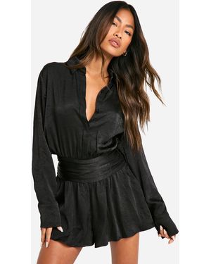 Boohoo Crinkle Satin Shirt Playsuit - Black