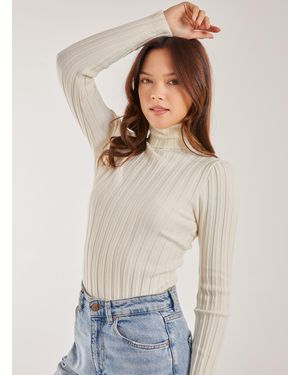 Pink Vanilla Soft Knit Wide Rib Roll Neck Top - White