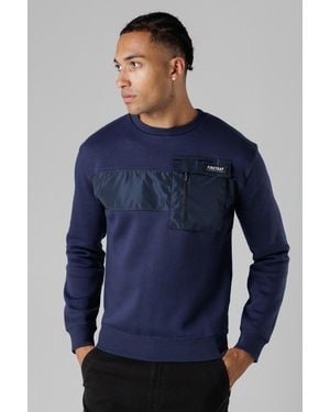 Firetrap Dark Regular Fit Cotton Rich Crew Neck Sweatshirt With Chest Pocket - Blue