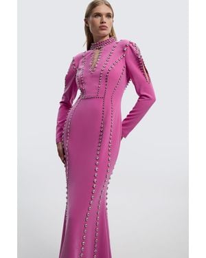 Karen Millen Crystal Embellished Woven Plunge Detail Maxi Dress - Pink