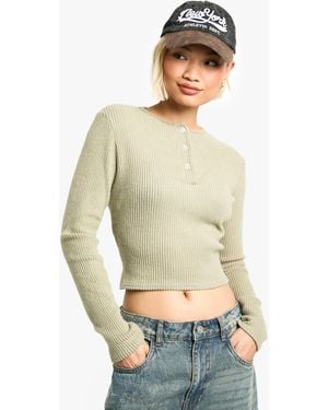 Boohoo Brushed Chunky Tib Button Detail Crew Neck Top - Green