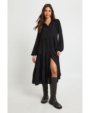 Boohoo Textured Tiered Midi Smock Dress - Black