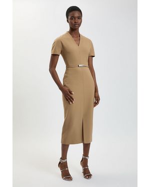 Karen Millen Petite Compact Stretch Tailored Belted Midi Pencil Dress - Natural