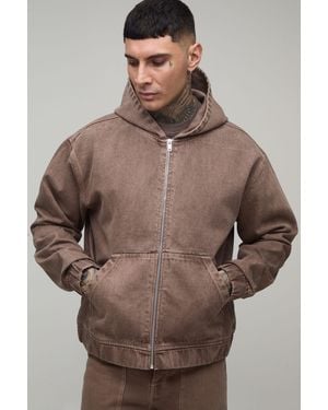BoohooMAN Tall Tinted Washed Denim Oversized Zip Up Hoodie - Brown
