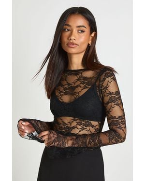 Boohoo Tall Lace Boat Neck Flare Sleeve Top - Black