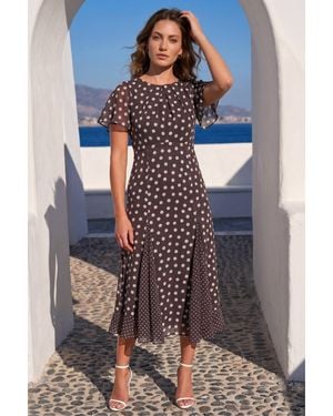 Roman Petite Spot Print Godet Hem Midi Dress - Brown